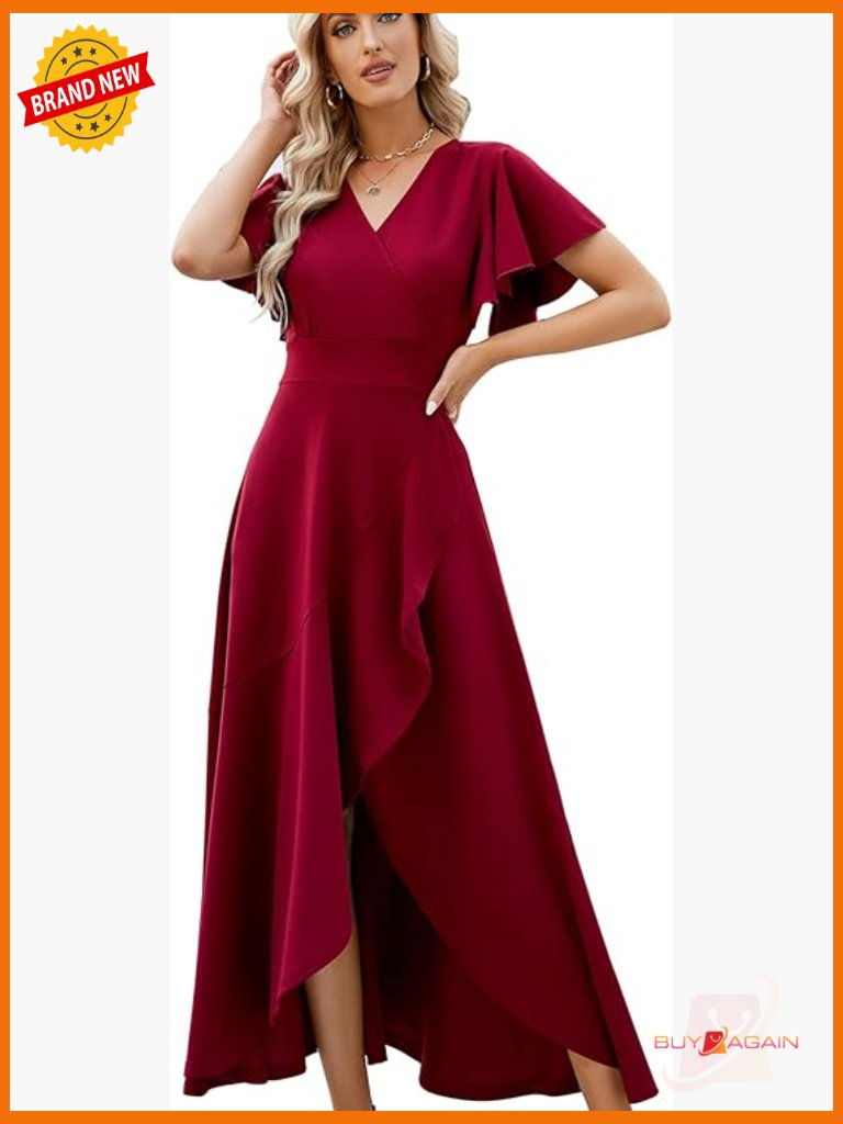 Formal V-Neck Wrap Ruffle Split Dress With Sleeves